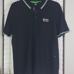 Hugo Boss Navy Polo with Green Trim Detailing. Size M